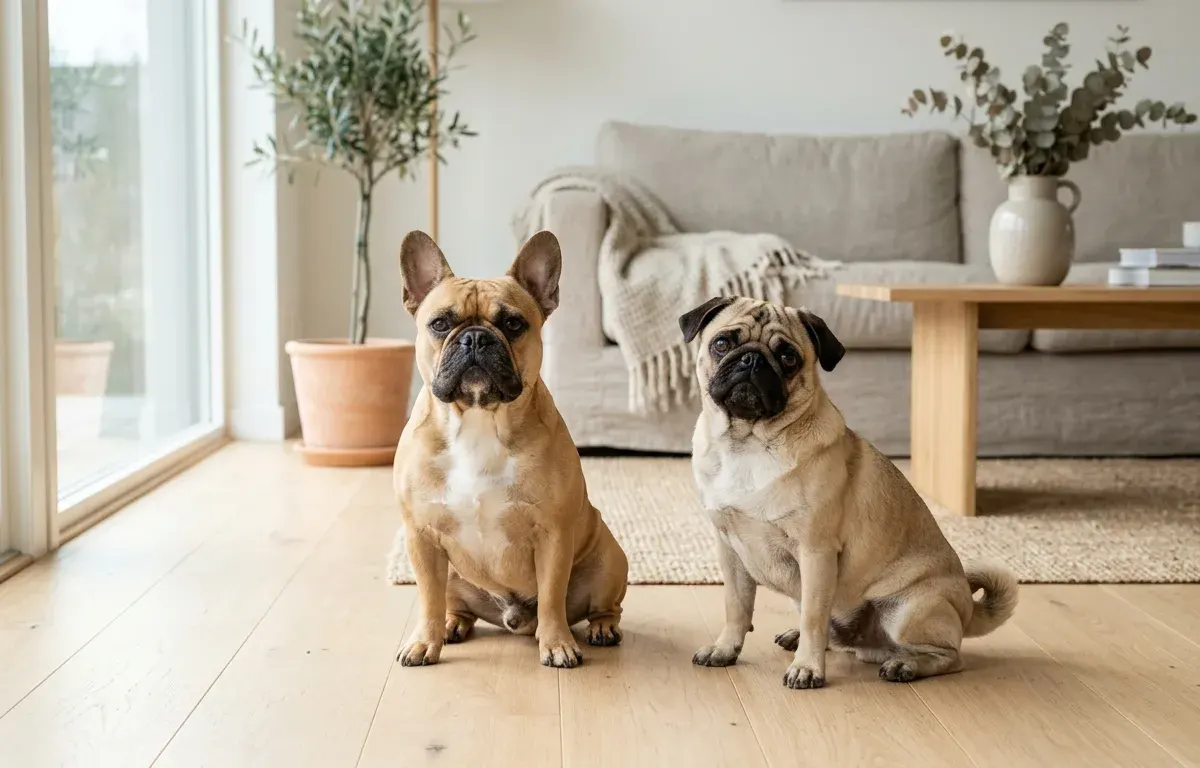 A fawn Pug sitting side by side with a French Bulldog in a sunlit room, illustrating dog breeds that look like a Pug.