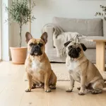 A fawn Pug sitting side by side with a French Bulldog in a sunlit room, illustrating dog breeds that look like a Pug.