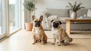 A fawn Pug sitting side by side with a French Bulldog in a sunlit room, illustrating dog breeds that look like a Pug.