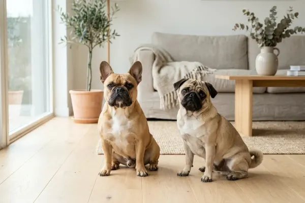 A fawn Pug sitting side by side with a French Bulldog in a sunlit room, illustrating dog breeds that look like a Pug.
