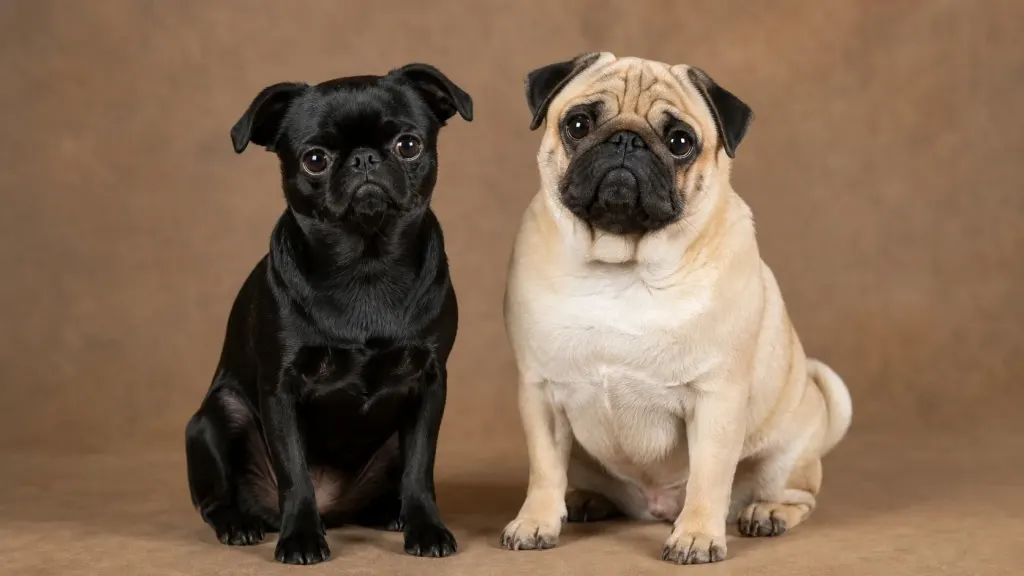 A Petit Brabançon standing next to a Pug showing their similar flat-faced features and smooth coats.