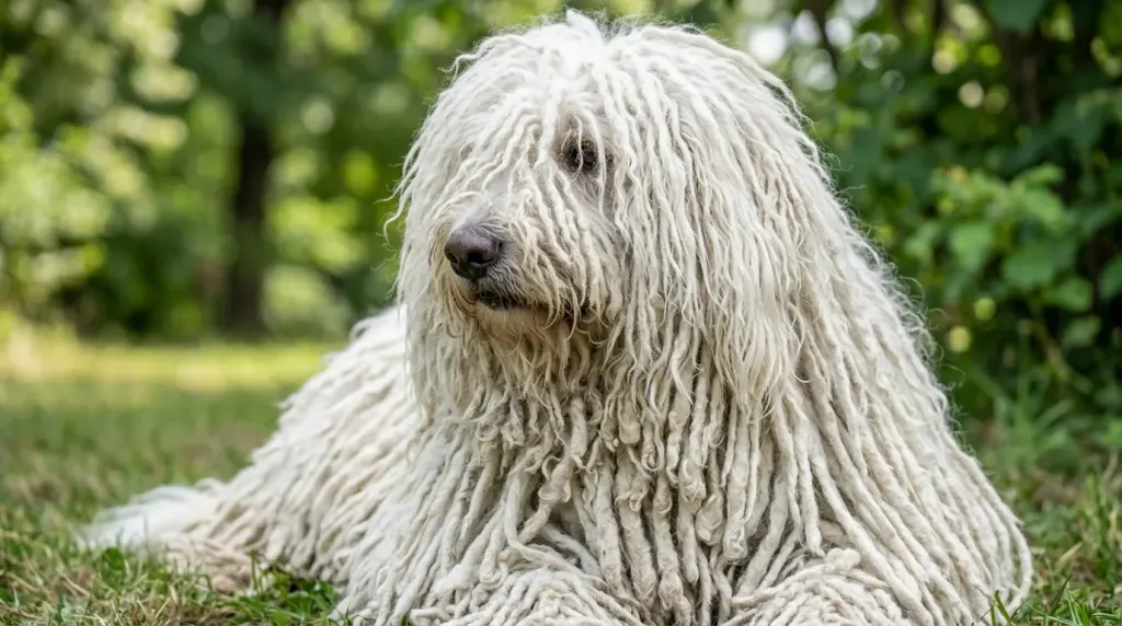 A Komondor mop dog standing outdoors on grass showcasing its corded coat.