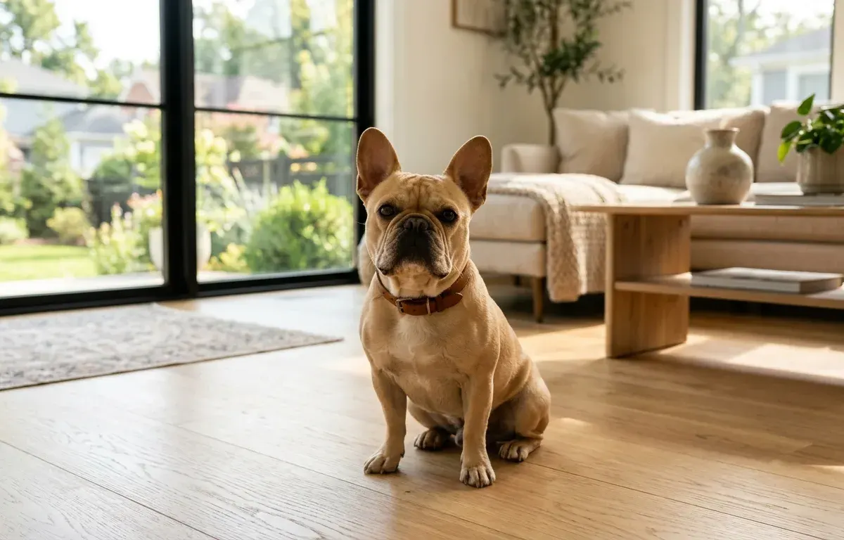 A calm and friendly French Bulldog sitting peacefully in a sunlit living room.