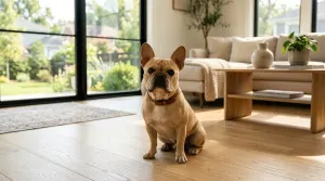 A calm and friendly French Bulldog sitting peacefully in a sunlit living room.
