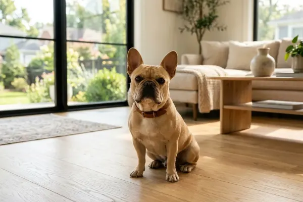 A calm and friendly French Bulldog sitting peacefully in a sunlit living room.