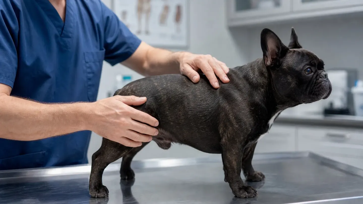 A veterinarian conducting a health examination on a French Bulldog to check for pain or health issues.