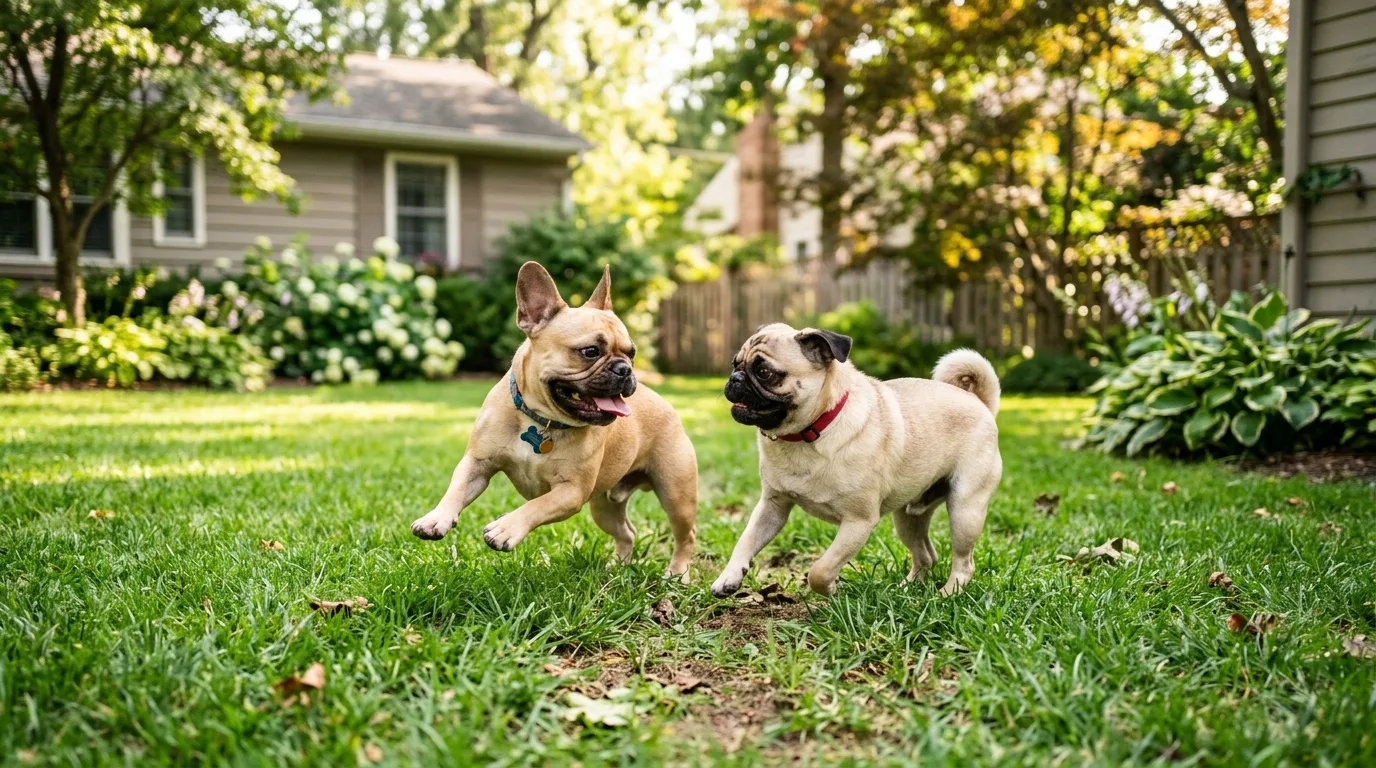 A French Bulldog playing peacefully with a Pug outdoors in a backyard.