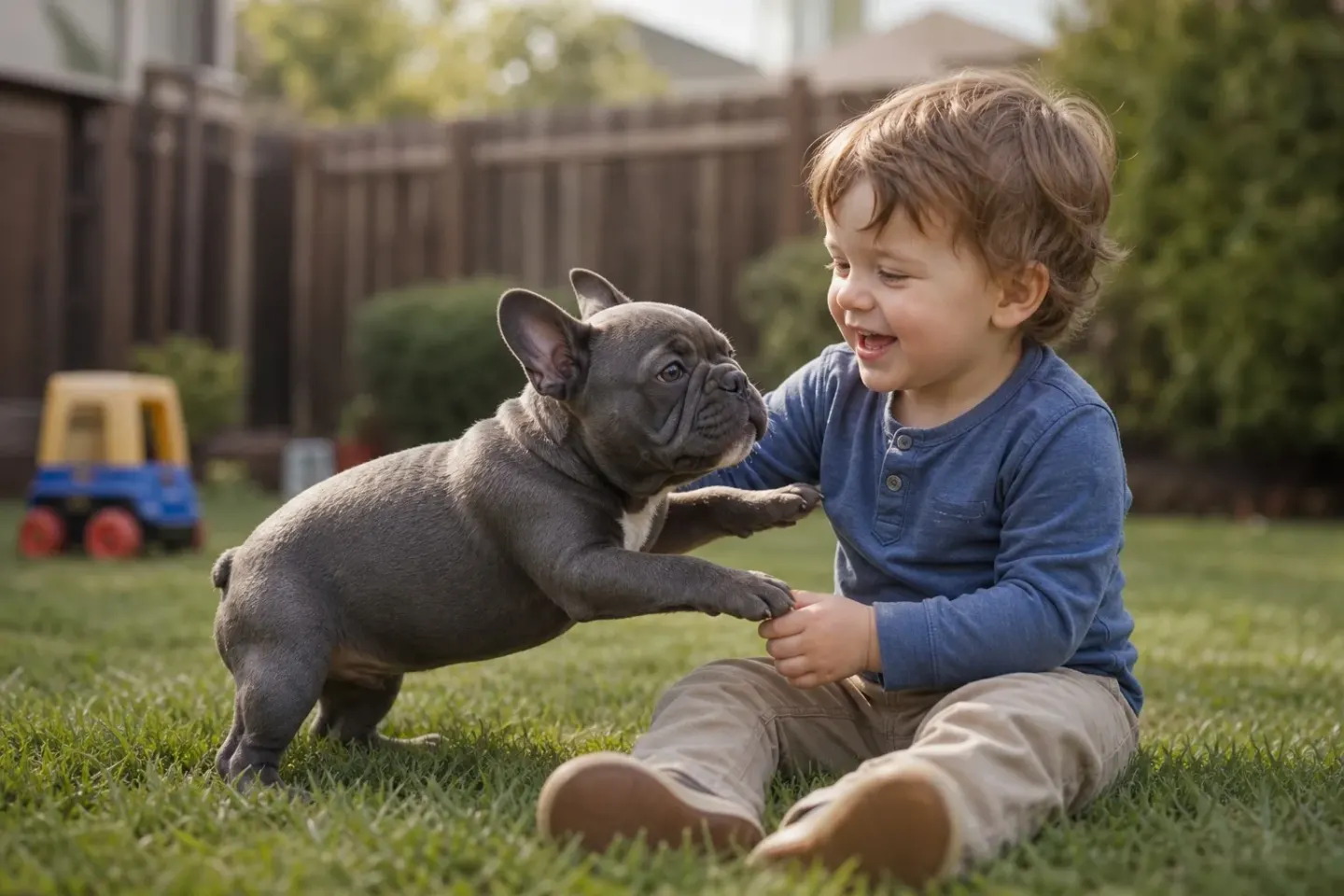 A French Bulldog playing calmly with a child in a grassy backyard.