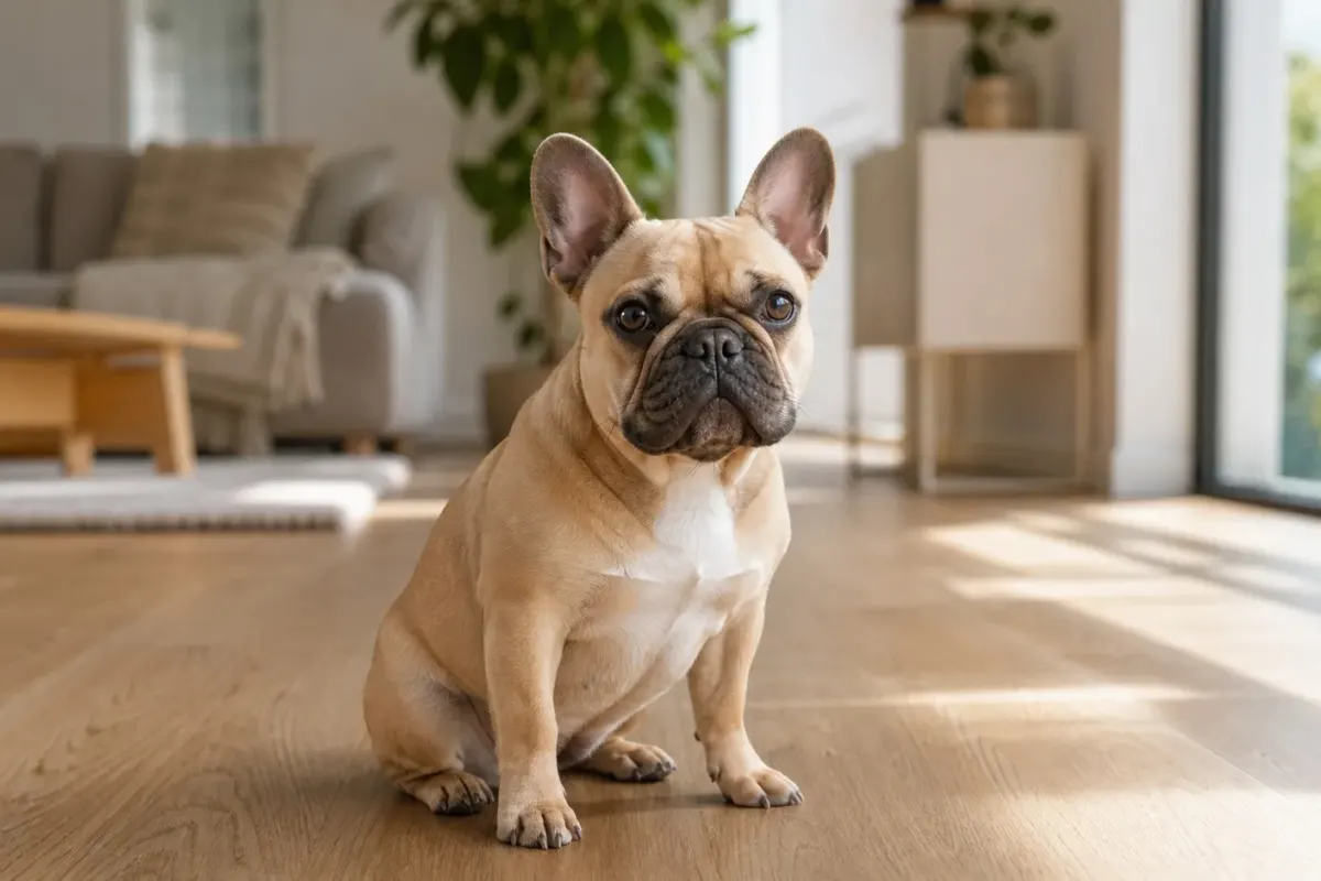 A fawn French Bulldog sitting indoors on a clean hardwood floor.