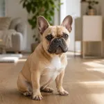 A fawn French Bulldog sitting indoors on a clean hardwood floor.