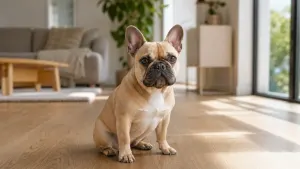 A fawn French Bulldog sitting indoors on a clean hardwood floor.
