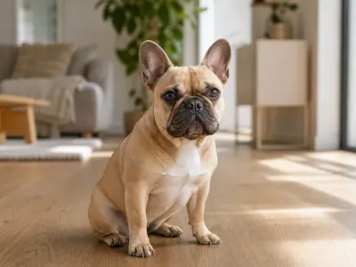 A fawn French Bulldog sitting indoors on a clean hardwood floor.