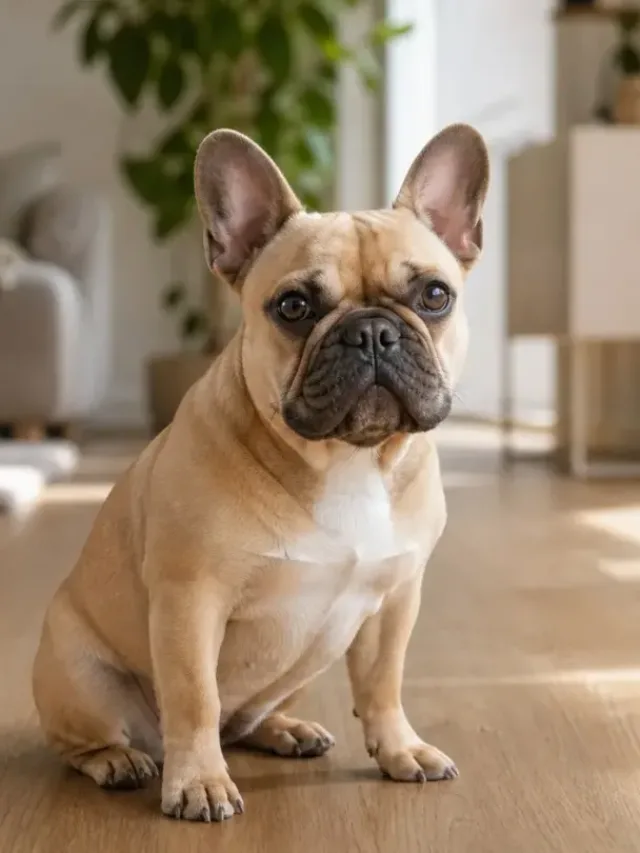 A fawn French Bulldog sitting indoors on a clean hardwood floor.