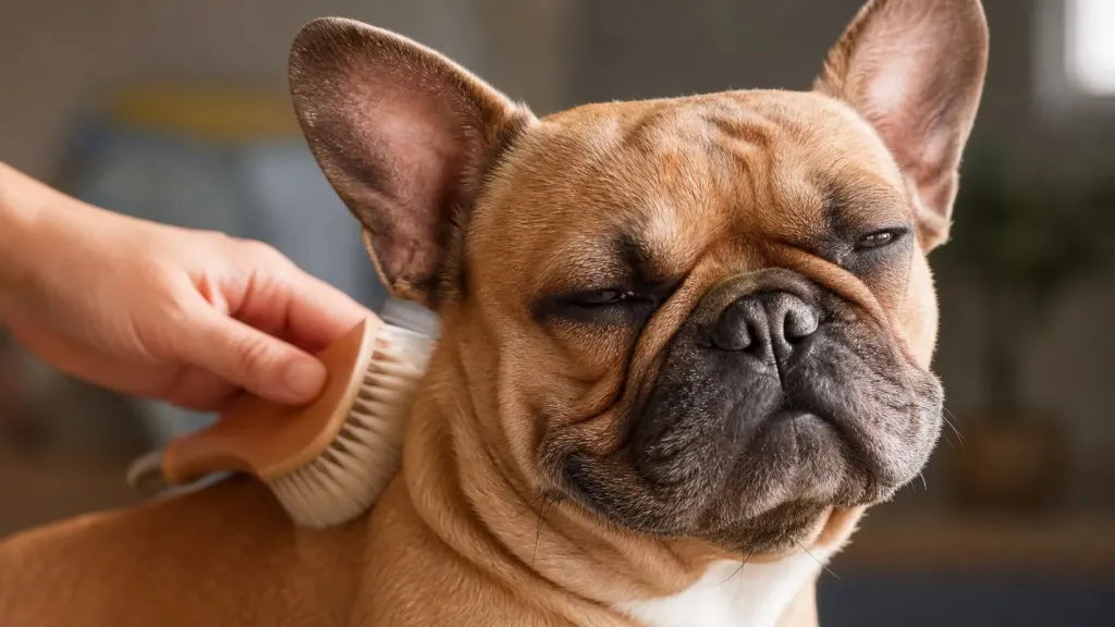 Close-up of a French Bulldog coat and facial folds during grooming.