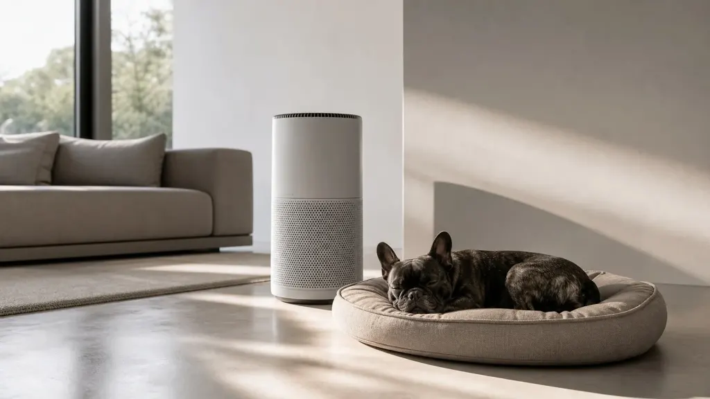 A HEPA air purifier operating near a French Bulldog sleeping on its bed.