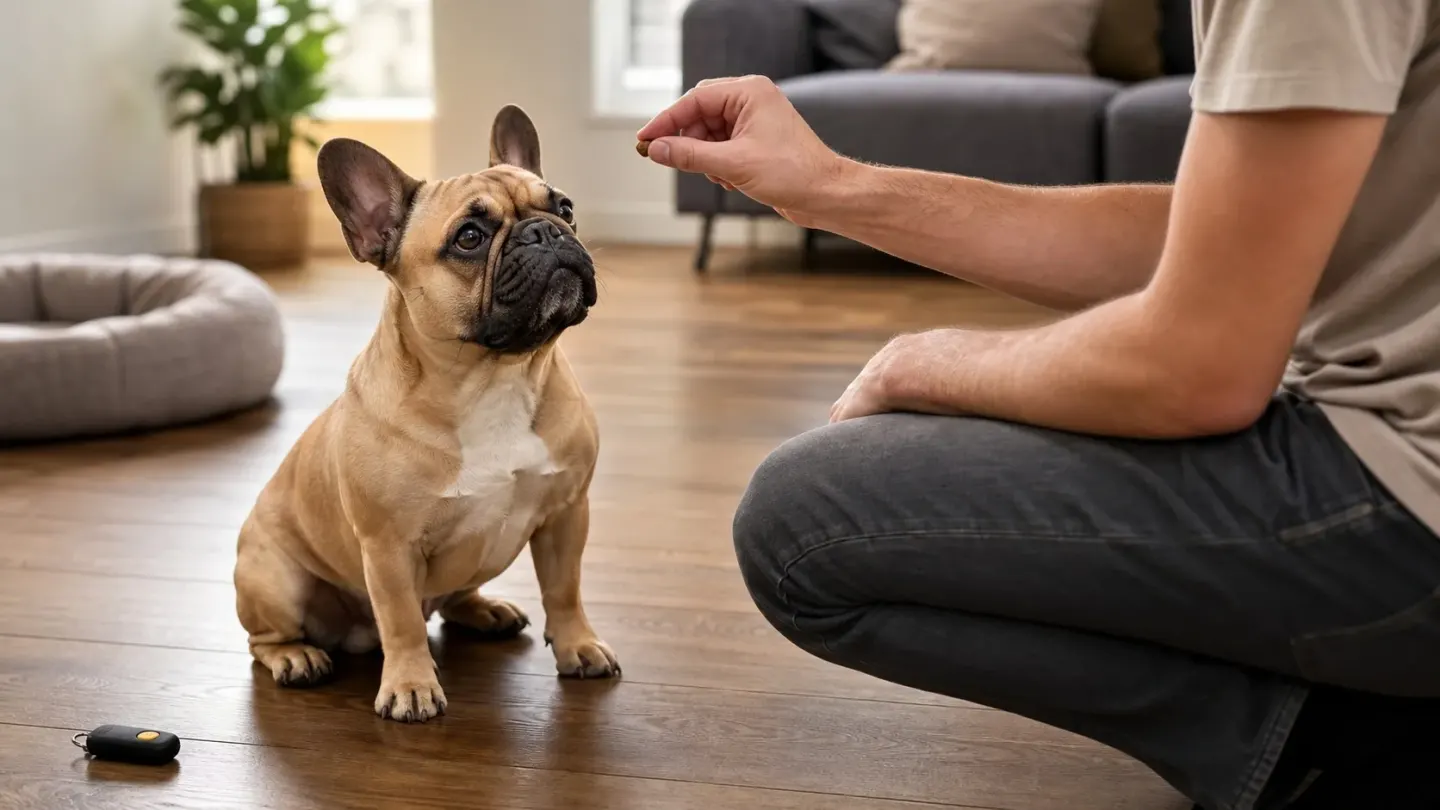 A French Bulldog sitting attentively during an indoor positive reinforcement training session.