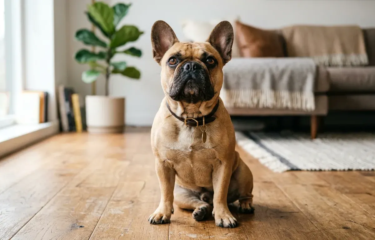 Chó French Bulldog ngồi chăm chú trên sàn gỗ trong phòng khách sáng