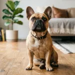 Chó French Bulldog ngồi chăm chú trên sàn gỗ trong phòng khách sáng