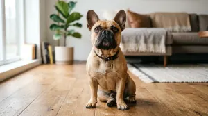 Chó French Bulldog ngồi chăm chú trên sàn gỗ trong phòng khách sáng