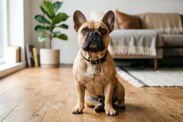 Chó French Bulldog ngồi chăm chú trên sàn gỗ trong phòng khách sáng