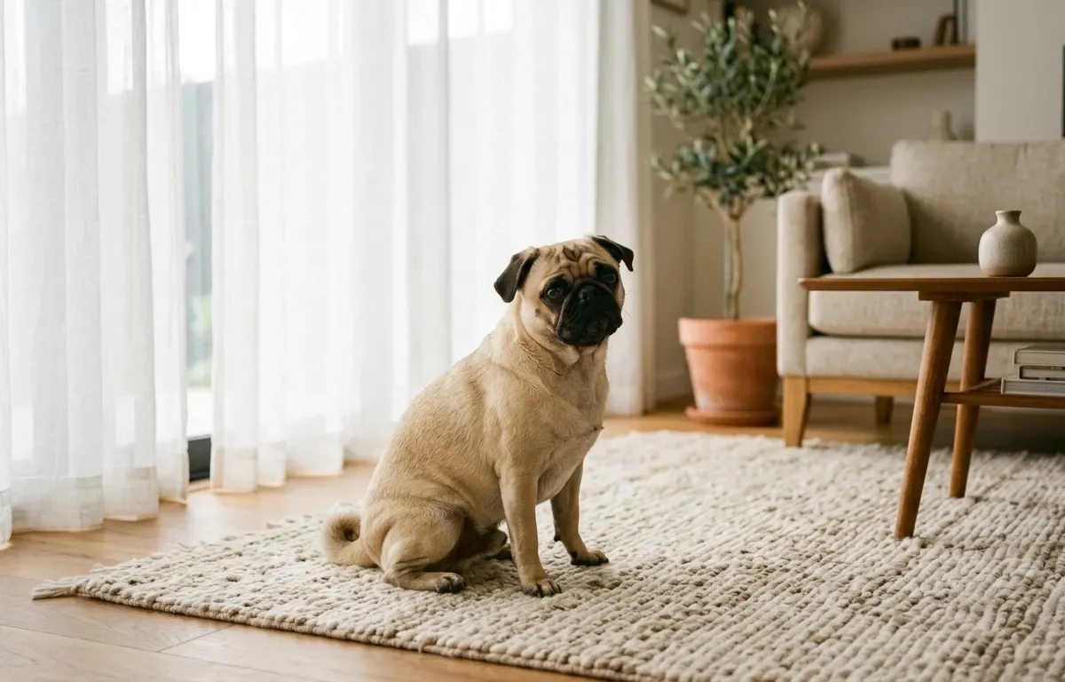 Fawn Pug dog sitting in a sunlit modern living room setting