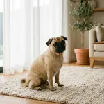 Fawn Pug dog sitting in a sunlit modern living room setting