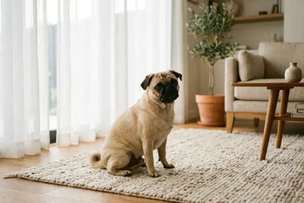 Fawn Pug dog sitting in a sunlit modern living room setting