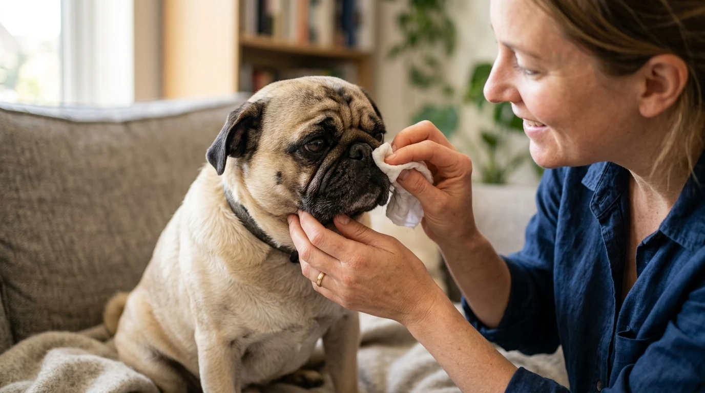 Groomer outdoor brushing a fawn Pug dog to reduce shedding fur