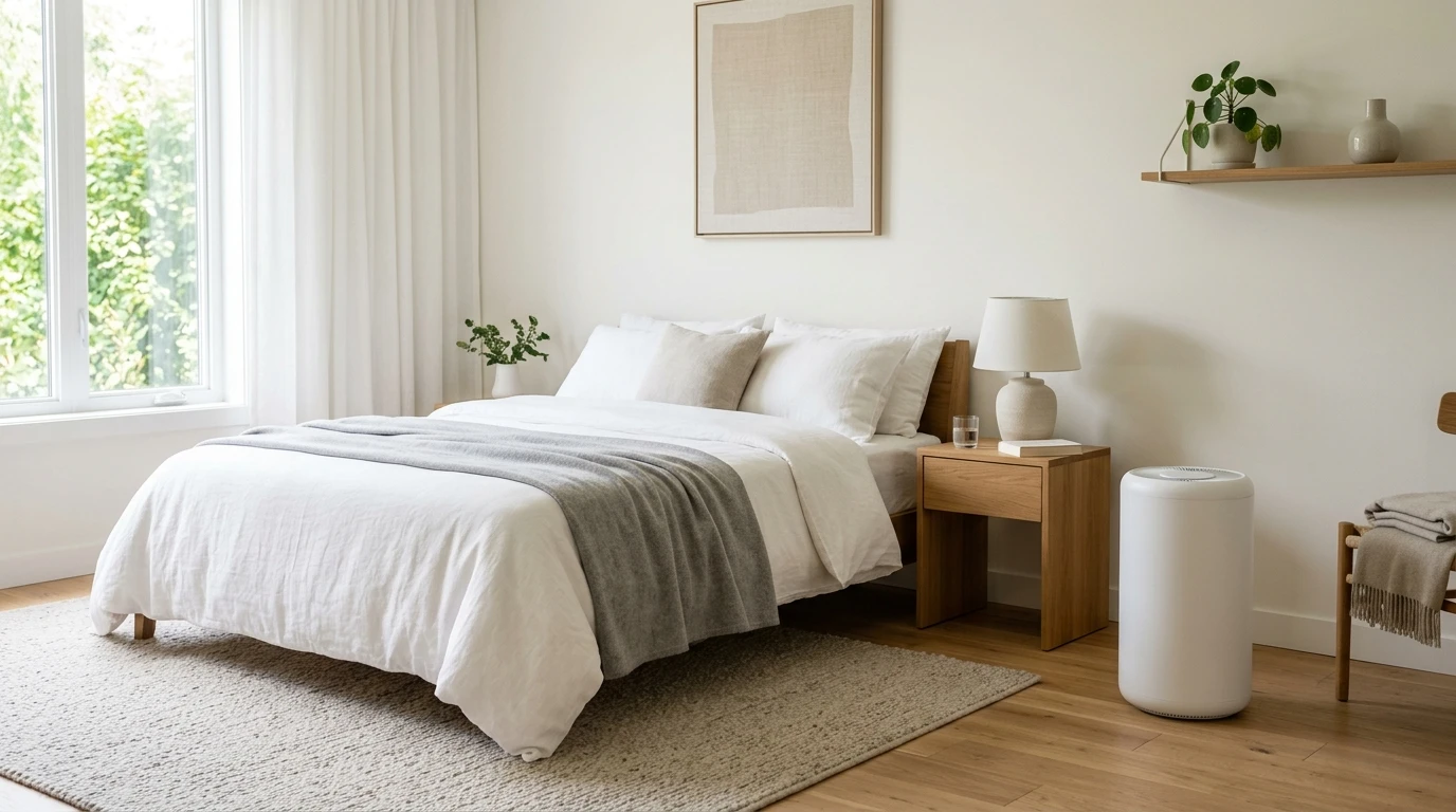 HEPA air purifier in a clean living room to reduce pet allergens