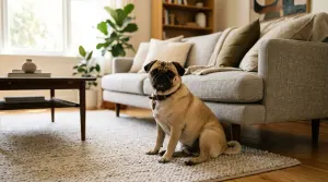 A relaxed fawn Pug resting comfortably in a sunlit living room setting, illustrating low-to-moderate breed energy.