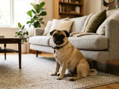 A relaxed fawn Pug resting comfortably in a sunlit living room setting, illustrating low-to-moderate breed energy.