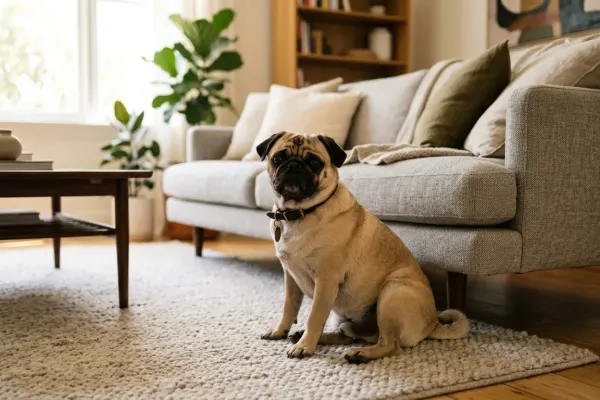 A relaxed fawn Pug resting comfortably in a sunlit living room setting, illustrating low-to-moderate breed energy.