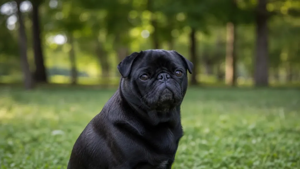 A black Pug resting in a shaded outdoor park to prevent overheating during mild outdoor activity.
