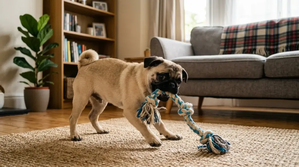 A fawn Pug engaging in low-impact indoor play with a soft toy during a short daily activity session.