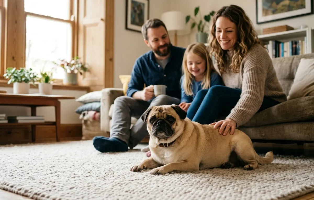 A peaceful fawn Pug sitting calmly in a sunlit living room