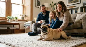 A peaceful fawn Pug sitting calmly in a sunlit living room