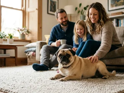 A peaceful fawn Pug sitting calmly in a sunlit living room