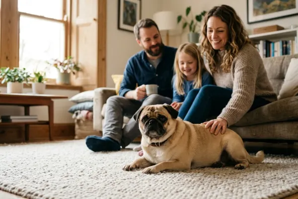 A peaceful fawn Pug sitting calmly in a sunlit living room