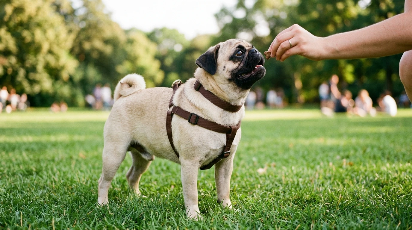 A Pug engaging in playful outdoor activities with another dog