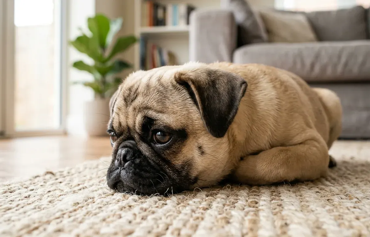 Close-up of a fawn Pug dog showing its folded button ears in a bright home setting