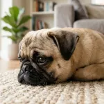 Close-up of a fawn Pug dog showing its folded button ears in a bright home setting