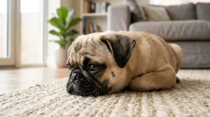 Close-up of a fawn Pug dog showing its folded button ears in a bright home setting