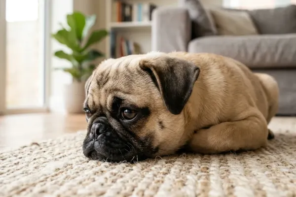 Close-up of a fawn Pug dog showing its folded button ears in a bright home setting