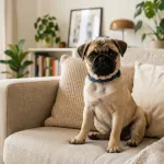 A happy fawn Pug dog sitting comfortably with a friendly expression in a family living room setting.