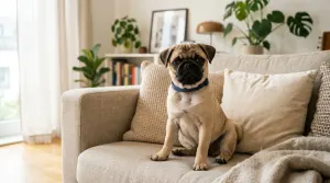 A happy fawn Pug dog sitting comfortably with a friendly expression in a family living room setting.