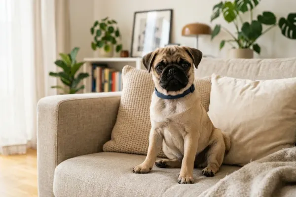 A happy fawn Pug dog sitting comfortably with a friendly expression in a family living room setting.