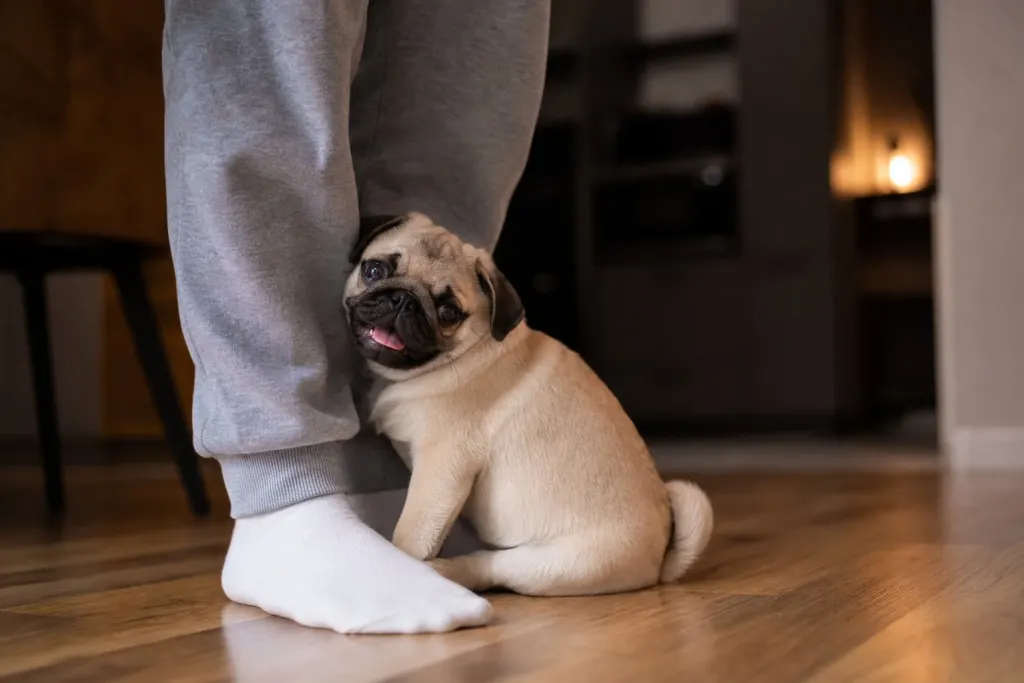 An affectionate Pug leaning gently against its owner on a sofa showing close bonding behavior.