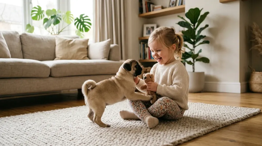 A friendly Pug dog interacting gently and safely with a child in a sunlit backyard.
