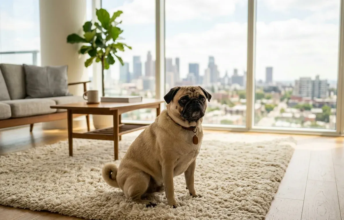 A fawn Pug sitting happily in a bright, cozy apartment living room near a window.