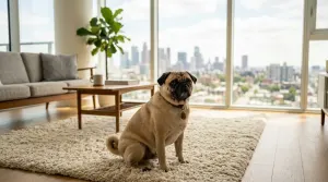 A fawn Pug sitting happily in a bright, cozy apartment living room near a window.